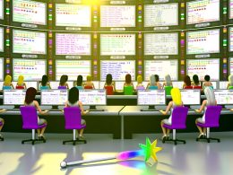 Illustration eines modernen Kontrollraums mit Menschen an Monitoren, digitalen Sitemaps, JSON-LD Codes und Google-SERPs mit Rich Snippets, im Vordergrund ein ungenutzter Zauberstab neben Servern.