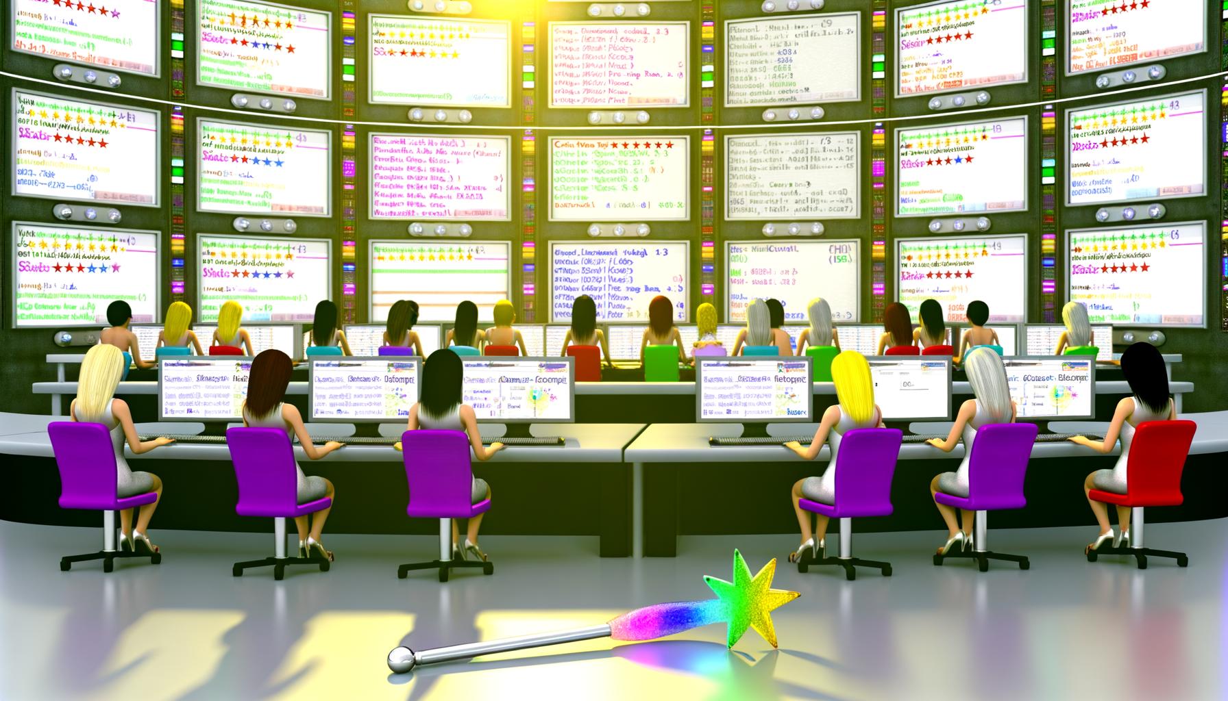 Illustration eines modernen Kontrollraums mit Menschen an Monitoren, digitalen Sitemaps, JSON-LD Codes und Google-SERPs mit Rich Snippets, im Vordergrund ein ungenutzter Zauberstab neben Servern.