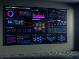 Modernes, dunkles Analytics Dashboard mit interaktiven Modulen, komplexen KPIs, Datenmodellen und API-Anbindungen – professionelles Steuerzentrum für Datenanalysten.