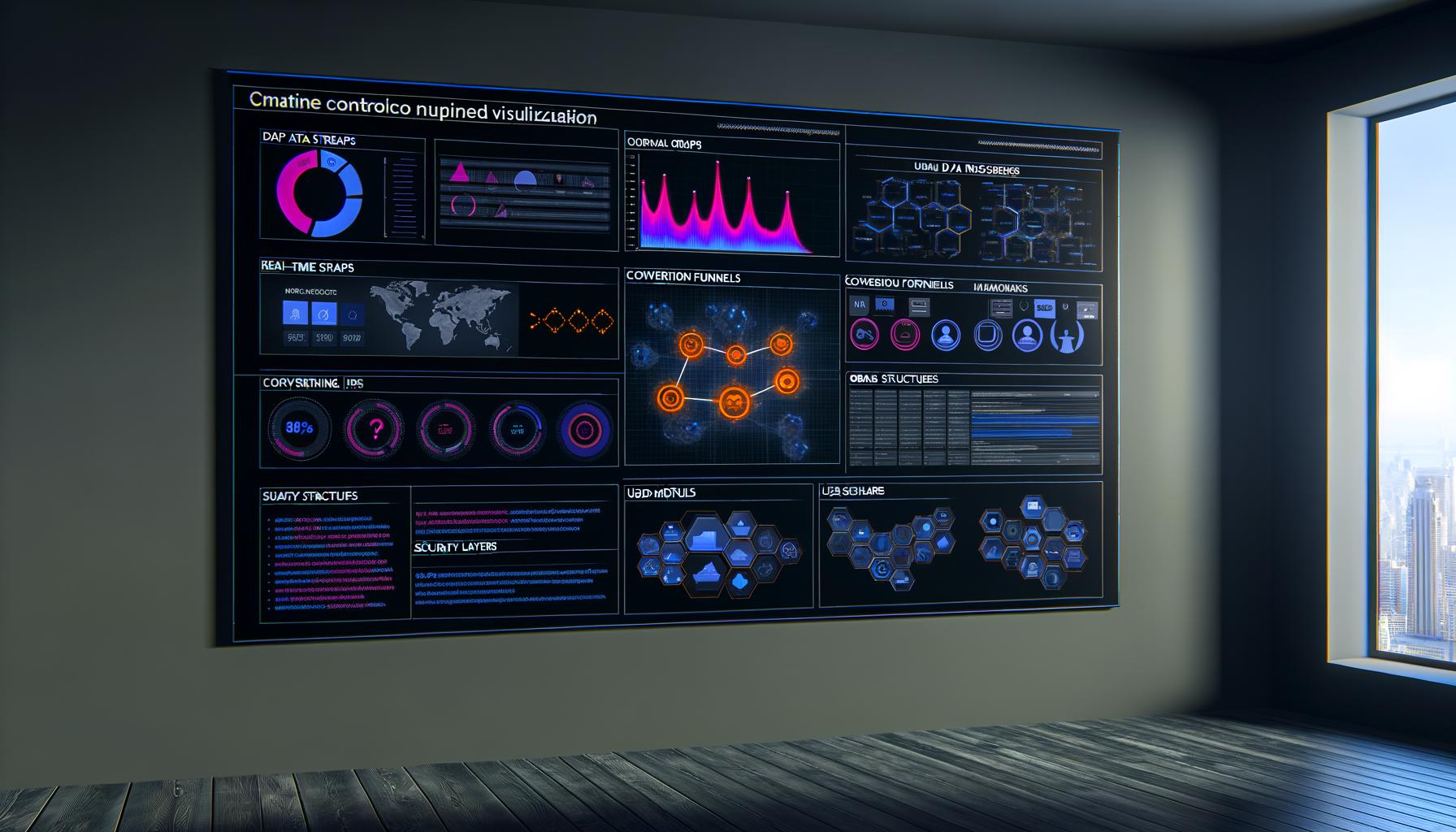 Modernes, dunkles Analytics Dashboard mit interaktiven Modulen, komplexen KPIs, Datenmodellen und API-Anbindungen – professionelles Steuerzentrum für Datenanalysten.