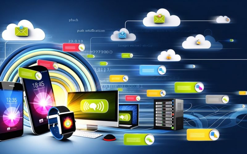 Moderne, helle Illustration zeigt Smartphone, Desktop, Smartwatch und Laptop mit prominenten Push-Benachrichtigungen und App-Icons, verbunden durch Linien mit Cloud- und Server-Symbolen im Hintergrund.