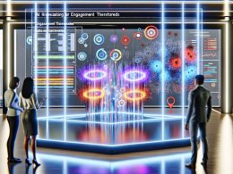 Modernes Büro mit großem durchsichtigem Touchscreen, auf dem farbige Datenströme, Heatmaps und KI-gesteuerte Diagramme komplexe Nutzerinteraktionen und Engagement-Schwellen visualisieren. Im Hintergrund beobachten Analyst:innen und Marketer die Analysen.