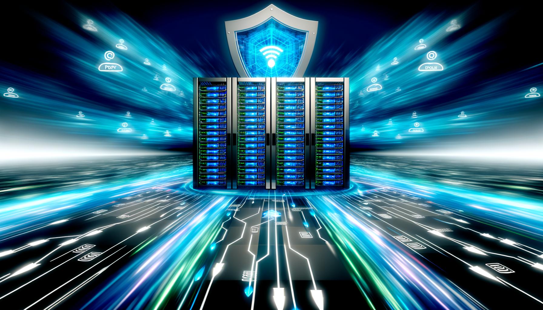 Serverraum mit leuchtenden Racks, verbundenen Geräten und einem Schutzschild-Proxy, der Datenströme filtert, während im Hintergrund Analyseplattform-Logos sichtbar sind.