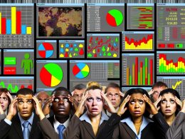 Überfülltes Analytics-Dashboard mit bunten Diagrammen, schwebenden Zahlen und verwirrten Geschäftsleuten, die auf den Bildschirm schauen.