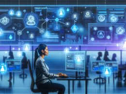 Marketing-Managerin vor Monitoren mit digitalen Hologrammen, KI-Heatmaps und datenbasierten Trigger-Events in einem futuristischen Büro.