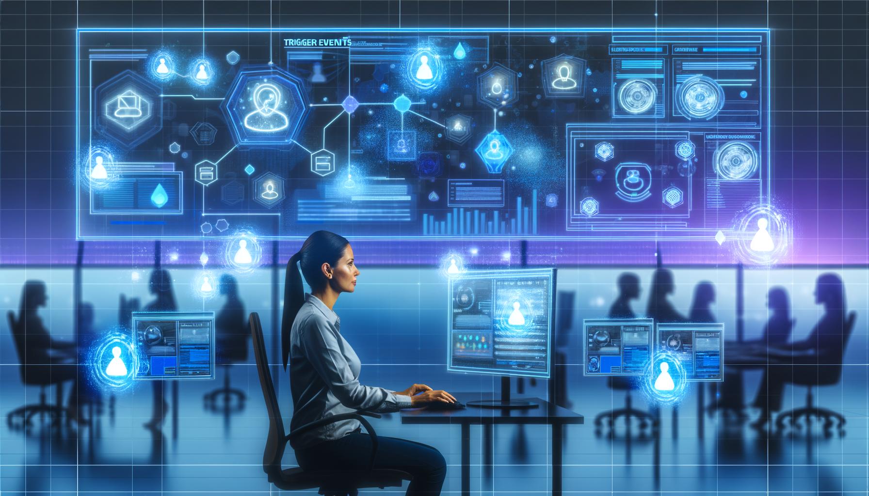 Marketing-Managerin vor Monitoren mit digitalen Hologrammen, KI-Heatmaps und datenbasierten Trigger-Events in einem futuristischen Büro.
