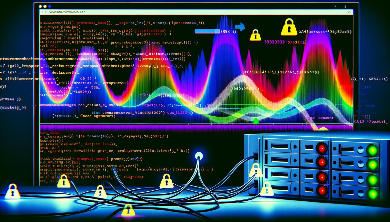Illustration eines Debugging-Prozesses in der Web-Analytics: Person prüft Proxy-Server und verworrene Kabel vor gestörten Diagrammen und Warnsymbolen auf einem Computerbildschirm, Symbole für GA4, Matomo, CDNs und Datenschutz im Hintergrund.