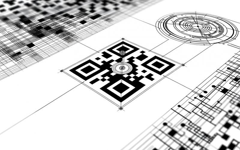 Hochaufgelöster QR-Code mit komplexen schwarzen und weißen Pixelmustern, Positionsmarkierungen an drei Ecken und digitalen Icons sowie CAD-Zeichnungselementen im Hintergrund auf weißem Grund.