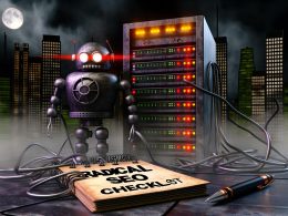 Düsteres, überzeichnetes Server-Rack mit hervorquellenden Kabeln in urbaner Großstadtkulisse, Warnlampen, Googlebot-Roboter und Notizbuch mit SEO-Checkliste 2025.