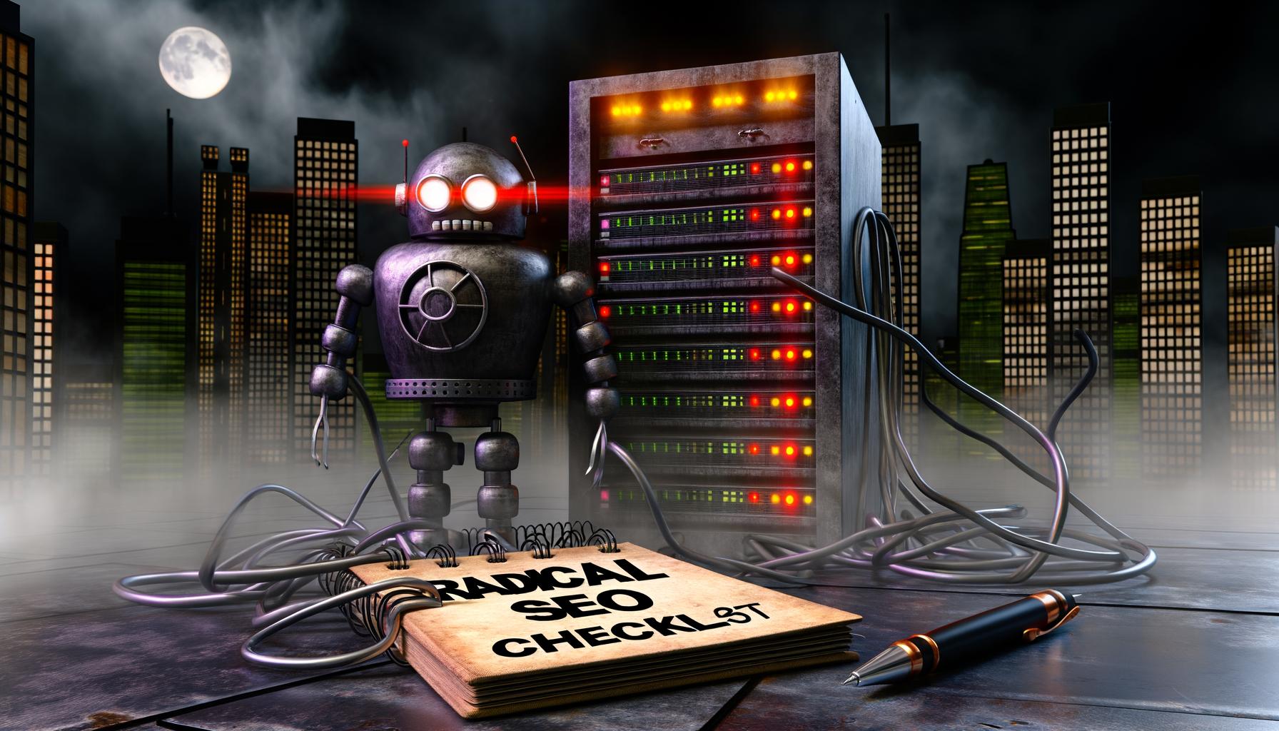 Düsteres, überzeichnetes Server-Rack mit hervorquellenden Kabeln in urbaner Großstadtkulisse, Warnlampen, Googlebot-Roboter und Notizbuch mit SEO-Checkliste 2025.