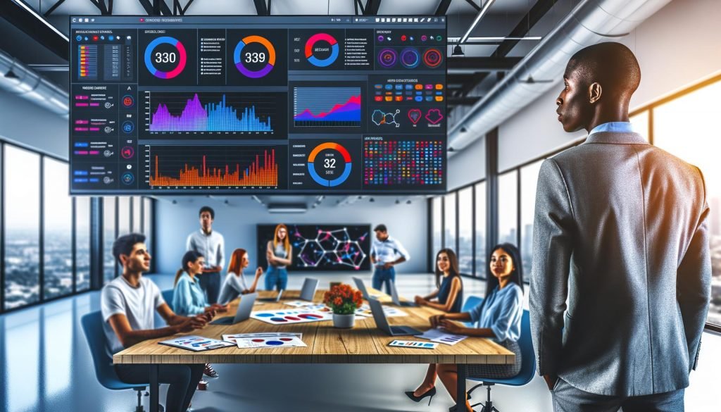 Modernes Büro mit großem Monitor, der ein farbenfrohes Analytics Dashboard zeigt. Im Hintergrund arbeitet ein junges Team aus Marketing- und Datenexperten zusammen.