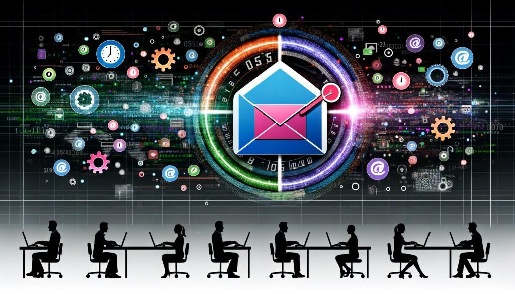 Digitale Collage eines modernen Arbeitsplatzes mit großem E-Mail-Briefumschlag, rotierenden Uhr-Symbolen, leuchtenden Datenströmen und KI- sowie Datensymbolen, im Hintergrund Menschen an Laptops und Smartphones.