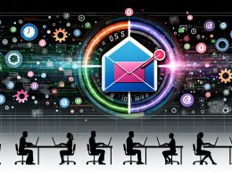 Digitale Collage eines modernen Arbeitsplatzes mit großem E-Mail-Briefumschlag, rotierenden Uhr-Symbolen, leuchtenden Datenströmen und KI- sowie Datensymbolen, im Hintergrund Menschen an Laptops und Smartphones.