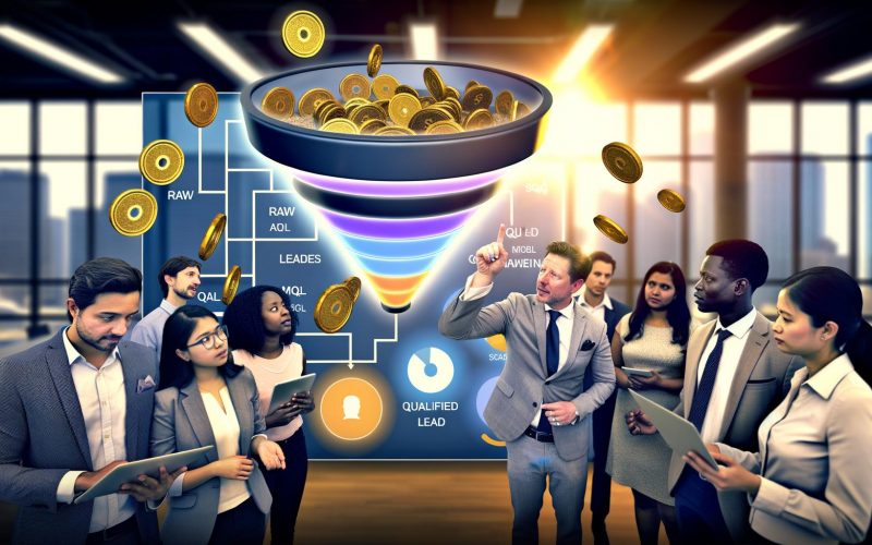 Vertriebsteam diskutiert vor digitalem Sales Funnel Dashboard mit leuchtenden Phasen und Geschäftsdaten in einem hellen, technologisch fortschrittlichen Büro.