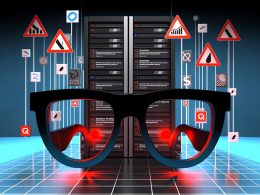 Illustration eines düsteren Serverschranks mit abstrakten Datenströmen, reflektierende Brille mit Analytics Proxy-Schriftzug und Spiegelungen von Datenschutz- und Tracking-Elementen, umgeben von Warnzeichen und Blocker-Icons in leuchtenden Farben.