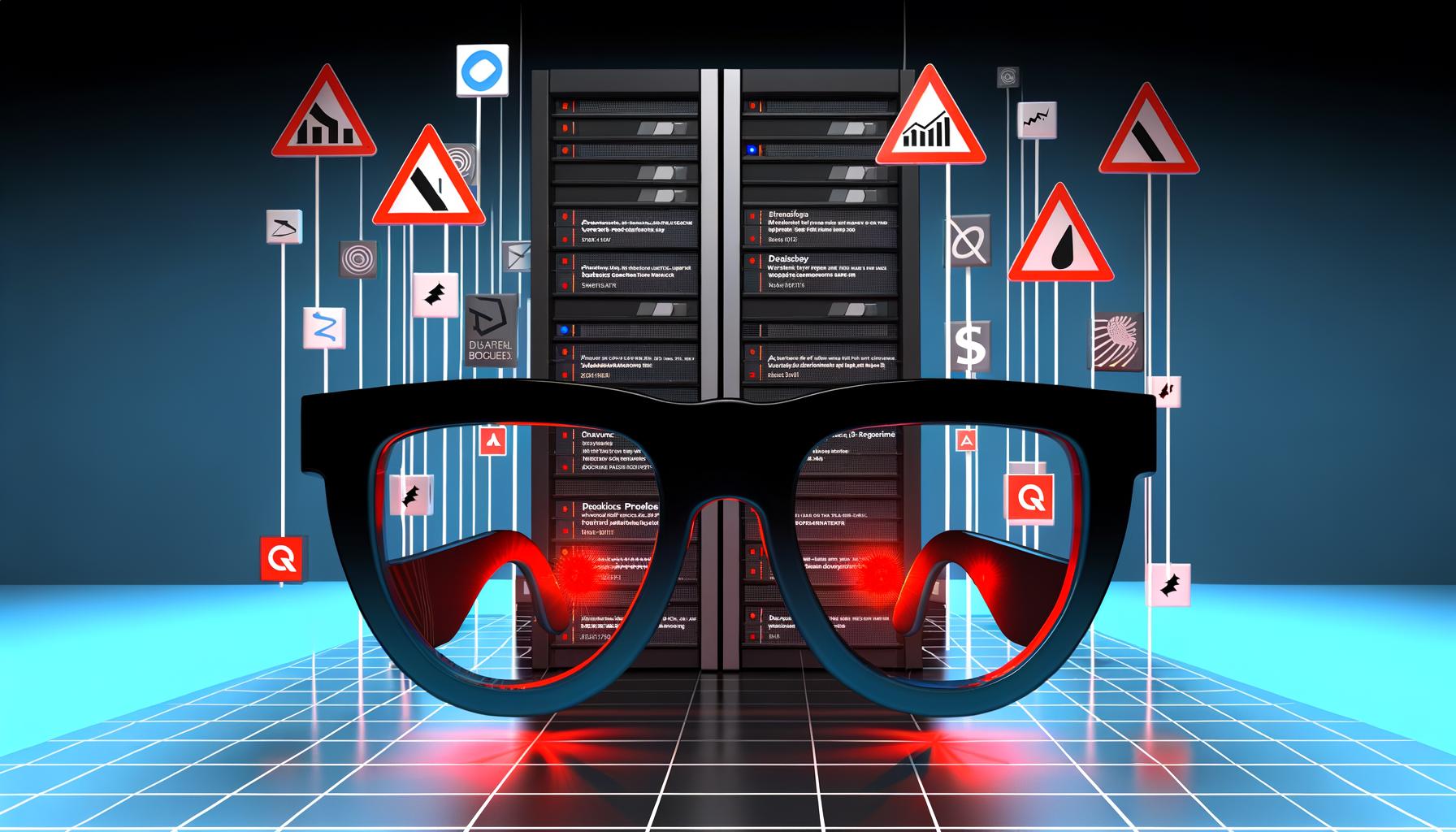 Illustration eines düsteren Serverschranks mit abstrakten Datenströmen, reflektierende Brille mit Analytics Proxy-Schriftzug und Spiegelungen von Datenschutz- und Tracking-Elementen, umgeben von Warnzeichen und Blocker-Icons in leuchtenden Farben.
