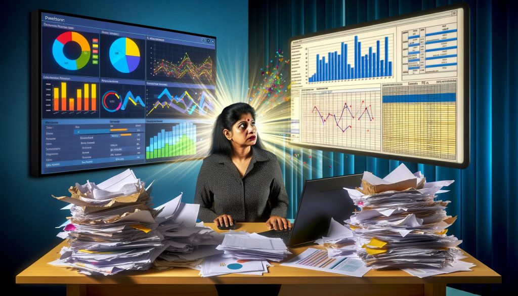 Überforderte Person an einem Schreibtisch voller Papier-Chaos mit Excel-Tabellen und Notizen, im Hintergrund ein leuchtendes, modernes Analytics-Dashboard mit klaren Diagrammen und KPIs.