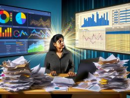 Überforderte Person an einem Schreibtisch voller Papier-Chaos mit Excel-Tabellen und Notizen, im Hintergrund ein leuchtendes, modernes Analytics-Dashboard mit klaren Diagrammen und KPIs.