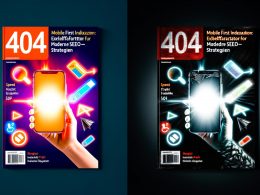 Geteiltes Magazin-Cover: Links glänzende mobile Website mit Speed- und Checklist-Icons, rechts dunkle, veraltete Desktop-Seite mit 404-Fehlerseiten. Headline: Mobile First Indexierung als Erfolgsfaktor für moderne SEO-Strategien.
