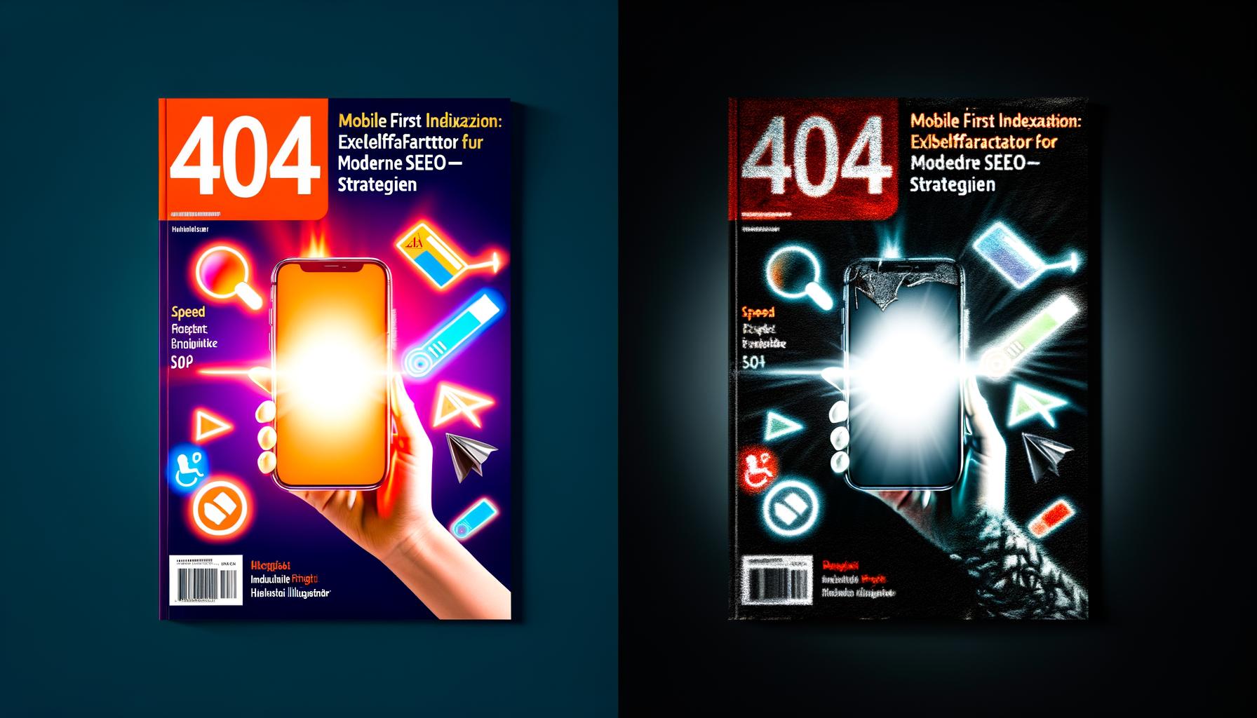 Geteiltes Magazin-Cover: Links glänzende mobile Website mit Speed- und Checklist-Icons, rechts dunkle, veraltete Desktop-Seite mit 404-Fehlerseiten. Headline: Mobile First Indexierung als Erfolgsfaktor für moderne SEO-Strategien.