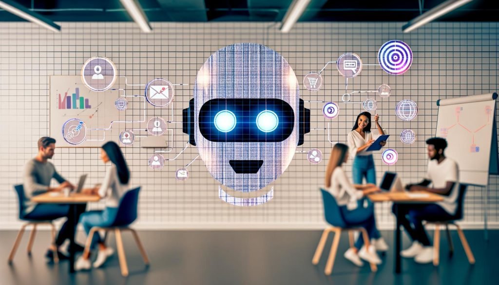 Marketing-Team arbeitet an Whiteboards und Laptops in einem modernen Büro, digitale Overlays mit KI- und Marketing-Symbolen, im Vordergrund ein stylisierter Roboter-Avatar mit Checkliste.