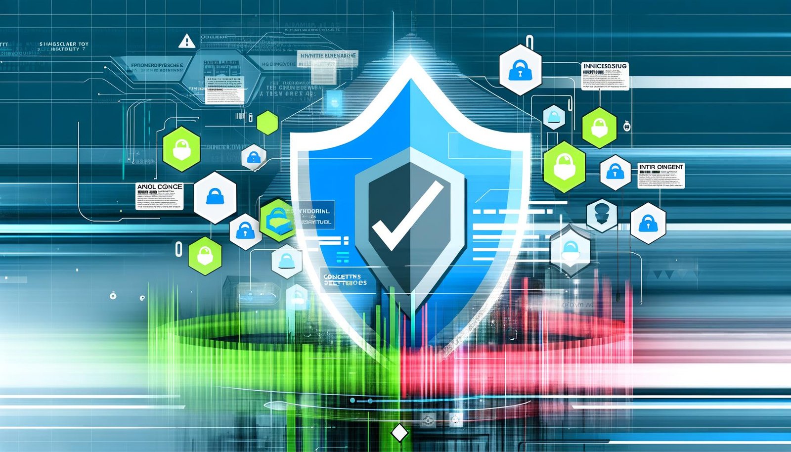Stilisiertes Schild schützt vor einem Schwarm bunter Tracking-Pixel und Analytics-Logos, umgeben von Datenströmen, Consent-Dashboard und digitaler Stadtlandschaft.