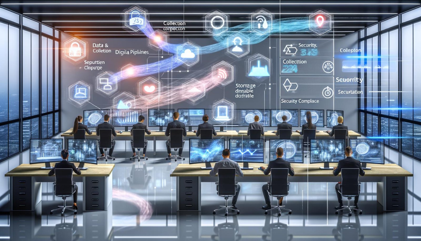 Futuristisches Büro mit Analysten vor Bildschirmen, die komplexe Dashboards und Datenströme von ETL über Speicherung bis zu interaktiven Visualisierungen zeigen; Logos von Tableau, Metabase, Snowflake und Grafana erkennbar.