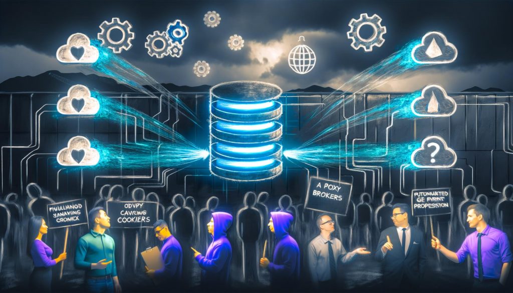 Futuristische Szene mit leuchtendem Proxy-Server, Analytics-Logos, Adblockern, DSGVO-Schutz und Menschen vor veralteten Cookie-Bannern.