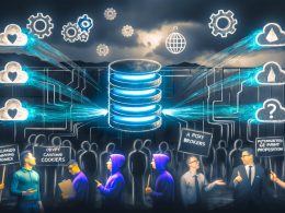 Futuristische Szene mit leuchtendem Proxy-Server, Analytics-Logos, Adblockern, DSGVO-Schutz und Menschen vor veralteten Cookie-Bannern.