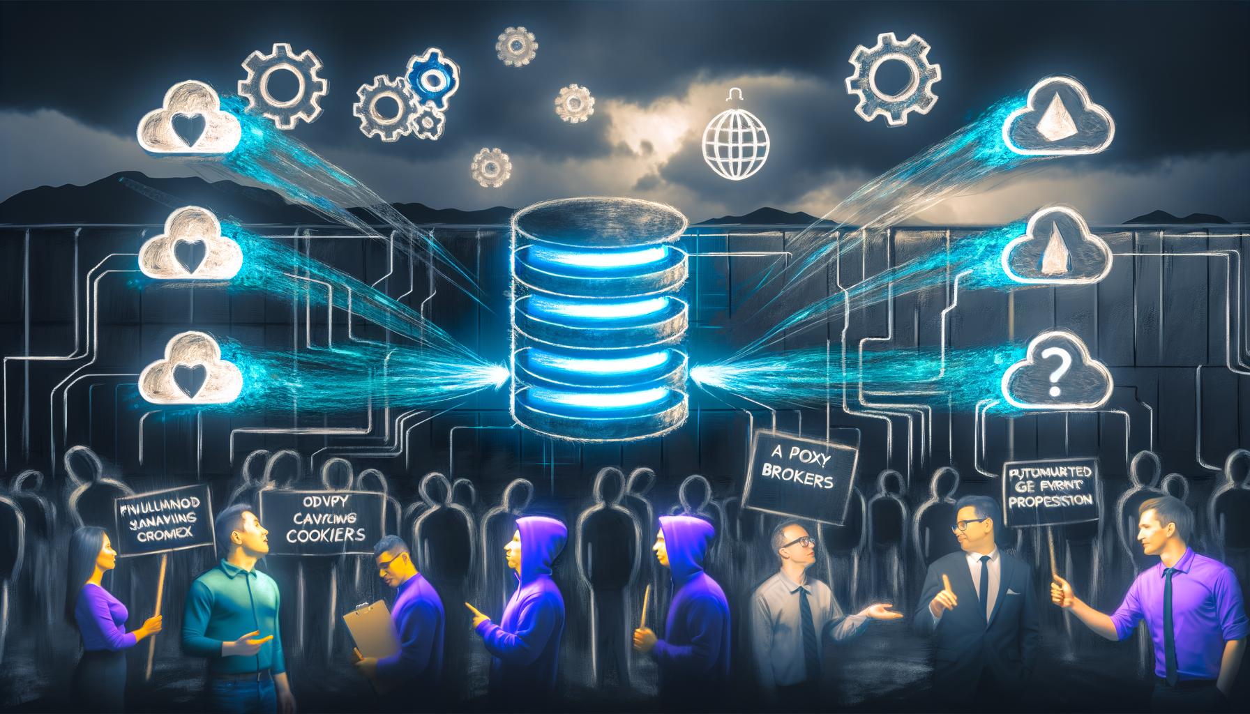Futuristische Szene mit leuchtendem Proxy-Server, Analytics-Logos, Adblockern, DSGVO-Schutz und Menschen vor veralteten Cookie-Bannern.