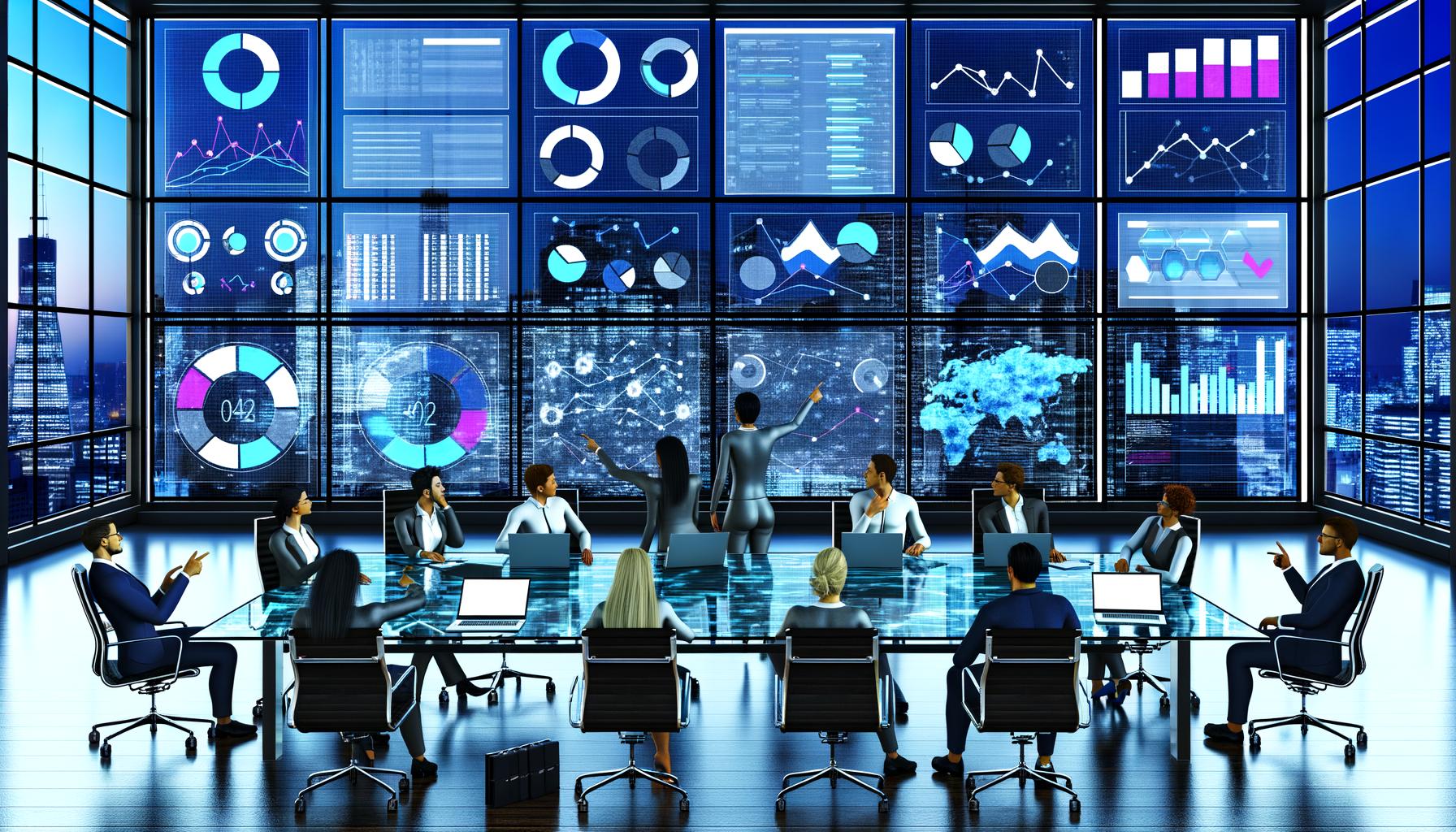 Business-Team diskutiert an einem Glastisch im modernen Kontrollraum vor digitalen Dashboards mit KPIs und Diagrammen, umgeben von Laptops, Kaffeetassen und urbaner Skyline.