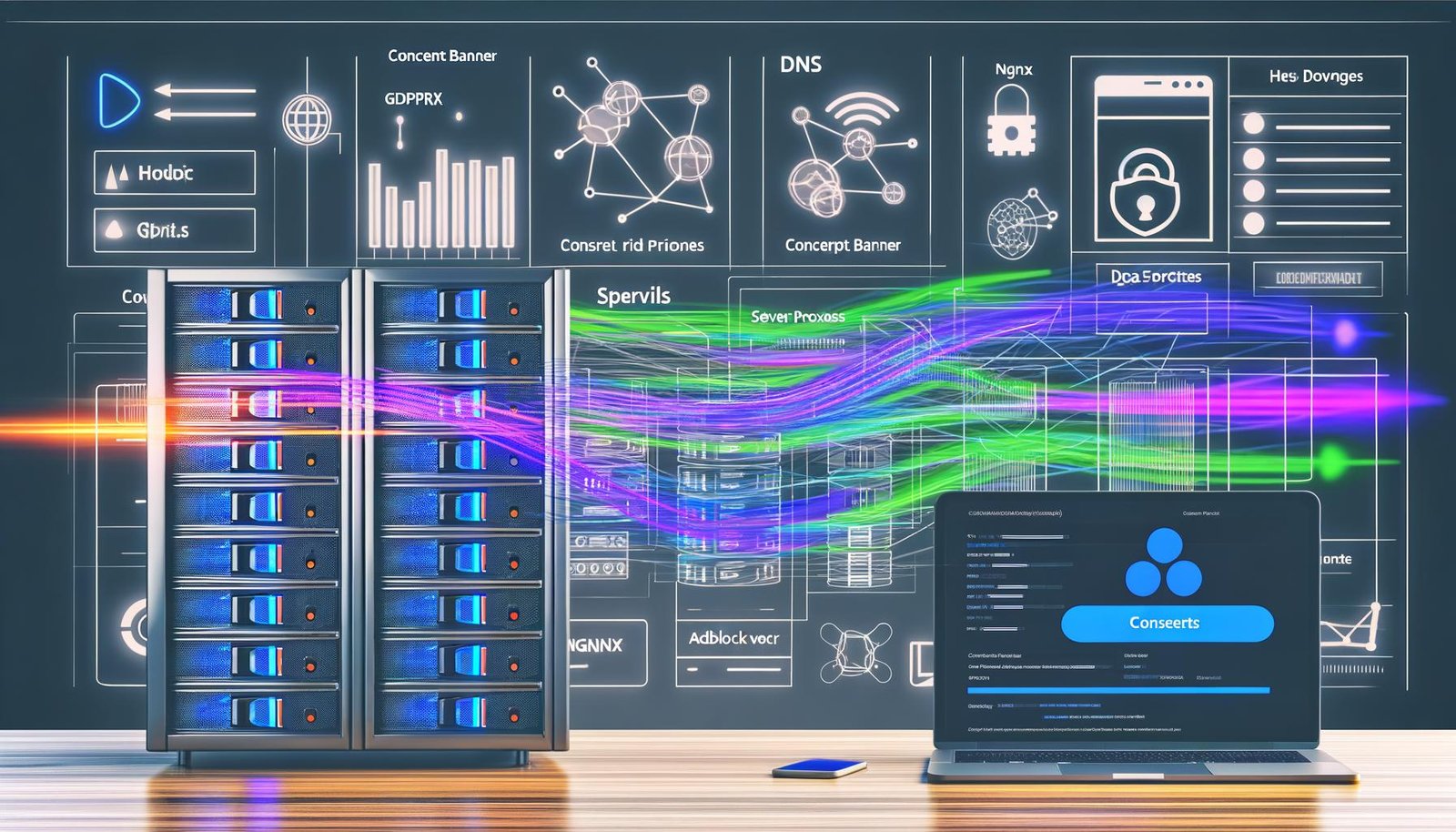 Server-Rack als Daten-Proxy zwischen Laptop und Analytics-Dashboard mit visualisierten Tracking-Datenströmen, DSGVO- und Adblock-Symbolen sowie technischen Icons wie NGINX und Node.js in modernem, aufgeräumtem Tech-Look.