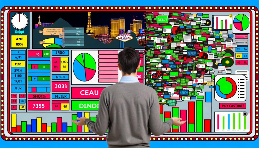 Illustration eines chaotischen, farbenfrohen Analytics-Dashboards mit verwirrter Person, umgeben von KPIs, Diagrammen und Pop-ups; im Hintergrund ein minimalistisches, aufgeräumtes Dashboard.