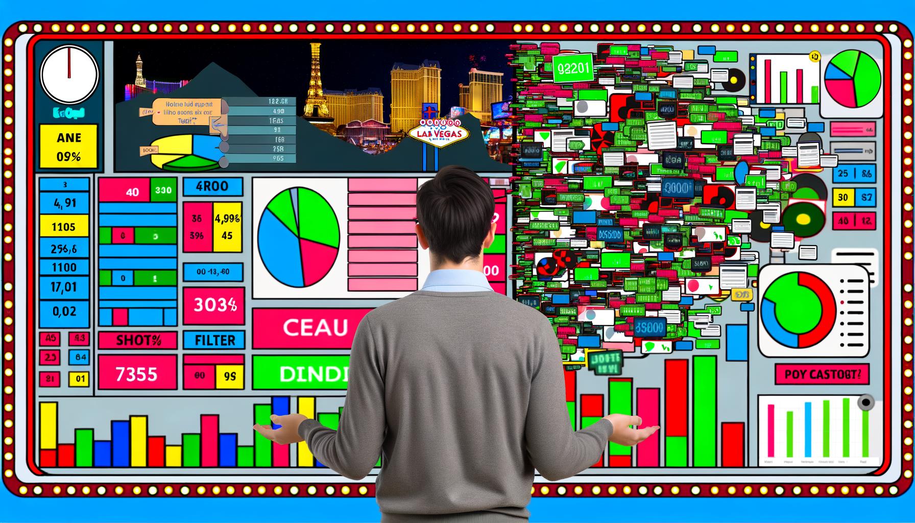 Illustration eines chaotischen, farbenfrohen Analytics-Dashboards mit verwirrter Person, umgeben von KPIs, Diagrammen und Pop-ups; im Hintergrund ein minimalistisches, aufgeräumtes Dashboard.