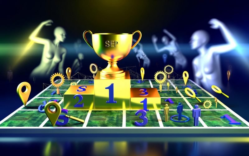 Metaphorische Szene: Avatare mit SEO-Tools streiten auf einer SERP-Treppe um den glänzenden Pokal für Platz 1, während weiter hinten Avatare ins Niemandsland stürzen.