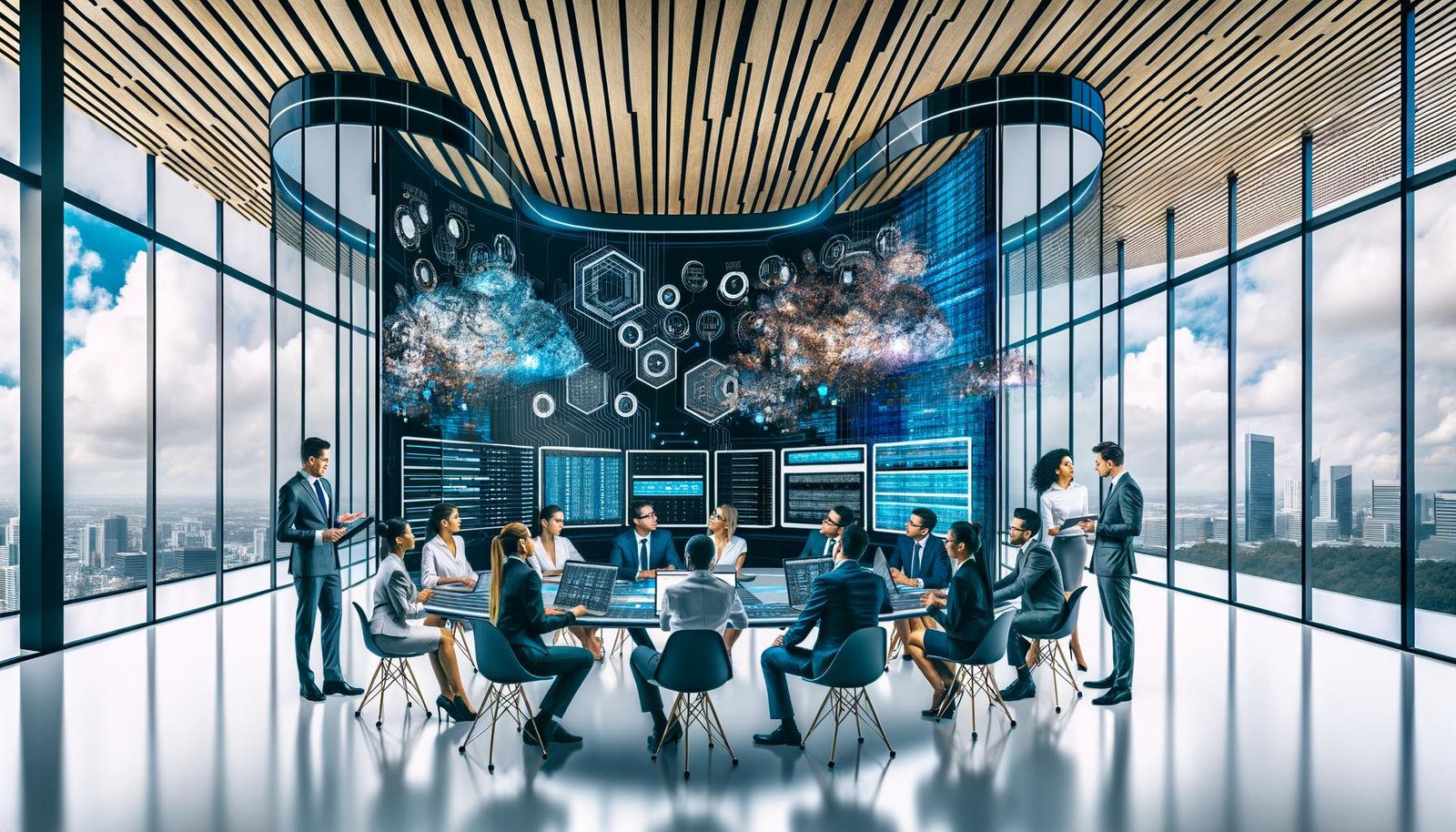 Professionelles Team bespricht Datencharts und Serverstrukturen in einem futuristischen Büro mit Visualisierung des Analytics-Proxy als digitalen Schutzschild für Sicherheit und Datenschutz.