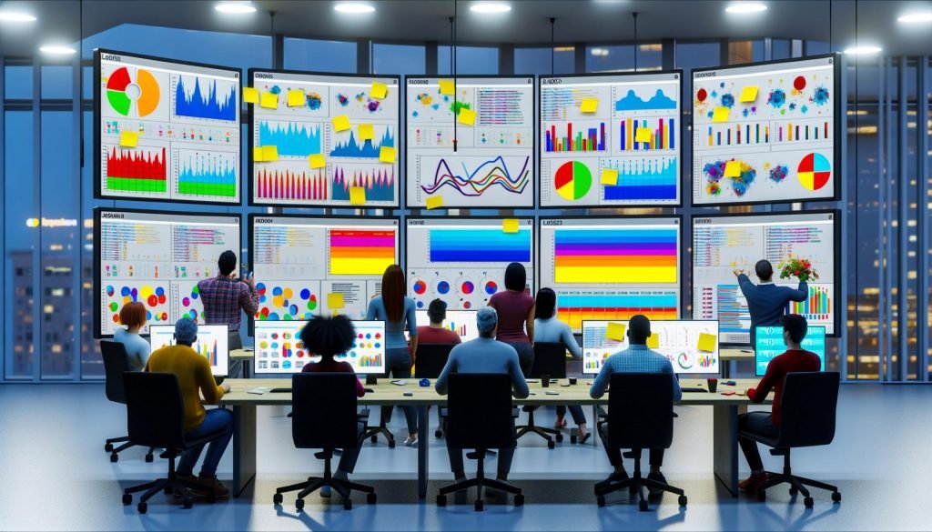 Modernes Büro mit mehreren Mitarbeitenden, die komplexe Analytics-Dashboards von Looker Studio, Tableau und Power BI vergleichen; einige diskutieren an Whiteboards mit KPIs, andere analysieren ein großes, überladenes Dashboard im Hintergrund.