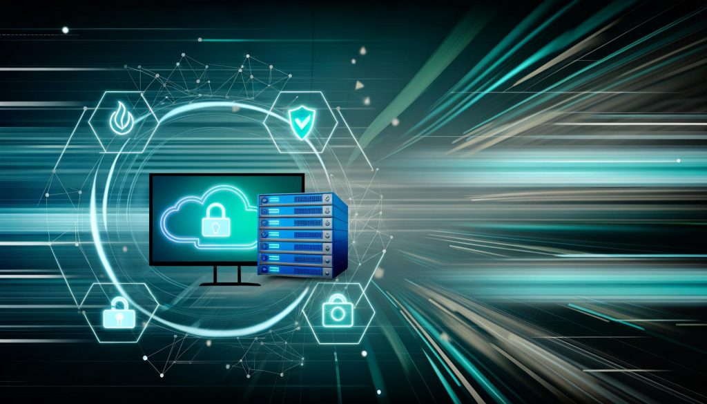 Modernes Dashboard mit Proxy-Server, abstrahierten Datenschutz-Symbolen und Analytics-Logos in minimalistischer, blauer Farbgebung