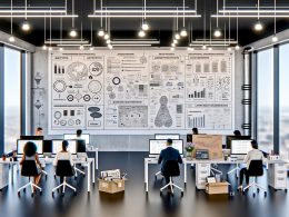 Futuristisches, modernes Büro einer Marketing-Agentur mit offenen Arbeitsplätzen, großen Bildschirmen mit Analytics-Daten und Whiteboards voller technischer Skizzen.