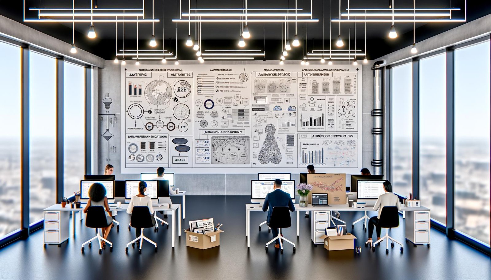 Futuristisches, modernes Büro einer Marketing-Agentur mit offenen Arbeitsplätzen, großen Bildschirmen mit Analytics-Daten und Whiteboards voller technischer Skizzen.