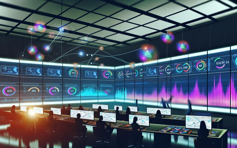 Digitales Marketing-Kontrollzentrum mit Dashboards zu Reichweite, Impressionen, Frequenz und Conversion Rates, diverse Marketer und schwebende Social Media Icons.