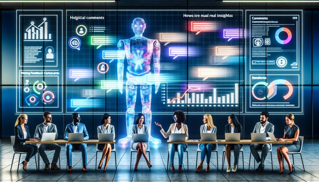 Dynamisches, modernes Büro mit holografischer Benutzeroberfläche, aufleuchtenden digitalen Kommentaren, diversen Profis am Laptop und einer KI als Roboterwesen, das Feedback in farbcodierte Kategorien sortiert.