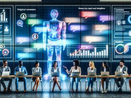 Dynamisches, modernes Büro mit holografischer Benutzeroberfläche, aufleuchtenden digitalen Kommentaren, diversen Profis am Laptop und einer KI als Roboterwesen, das Feedback in farbcodierte Kategorien sortiert.