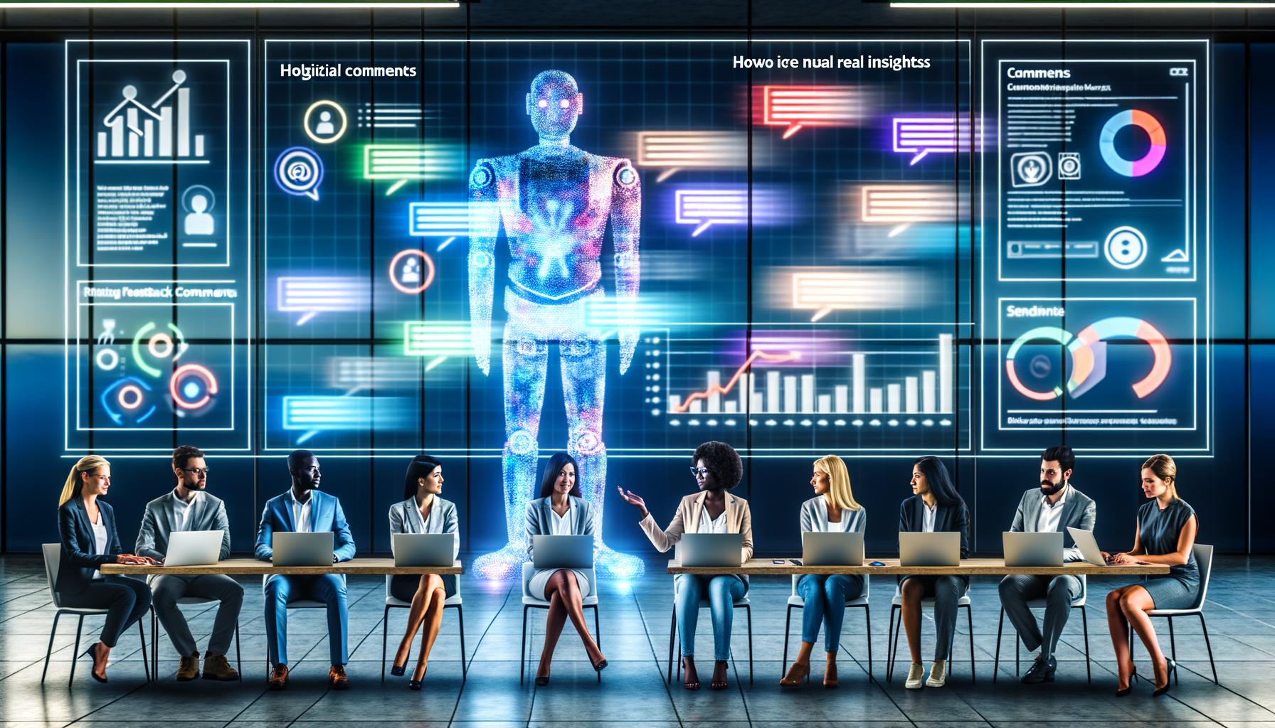 Dynamisches, modernes Büro mit holografischer Benutzeroberfläche, aufleuchtenden digitalen Kommentaren, diversen Profis am Laptop und einer KI als Roboterwesen, das Feedback in farbcodierte Kategorien sortiert.