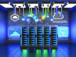 Serverraum mit zentralem Rack, blauen Netzwerkkabeln, digitalem Schutzschild und schwebenden Analytics-Diagrammen, im Hintergrund gesplittete Website mit geblockten und sicheren Anfragen.