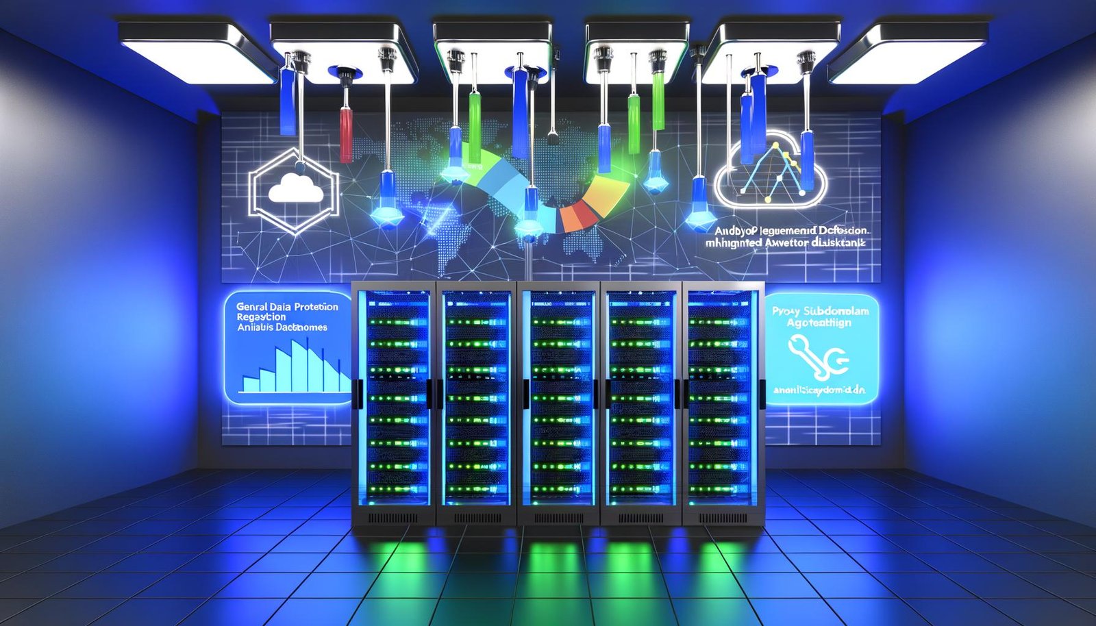 Serverraum mit zentralem Rack, blauen Netzwerkkabeln, digitalem Schutzschild und schwebenden Analytics-Diagrammen, im Hintergrund gesplittete Website mit geblockten und sicheren Anfragen.
