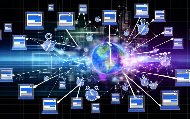 Stilisiertes, leuchtendes Bild einer digitalen Anzeigenauktion mit verbundenen Browserfenstern, Publishern, Ad Exchanges, DSPs und Advertisern vor einer digitalen Großstadt.