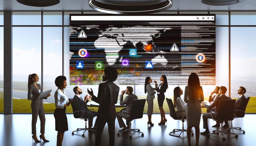 Team in kreativem Büro blickt auf einen stilvollen Website-Monitor, im Hintergrund erscheinen digitale Warnzeichen für technische Probleme.