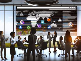 Team in kreativem Büro blickt auf einen stilvollen Website-Monitor, im Hintergrund erscheinen digitale Warnzeichen für technische Probleme.