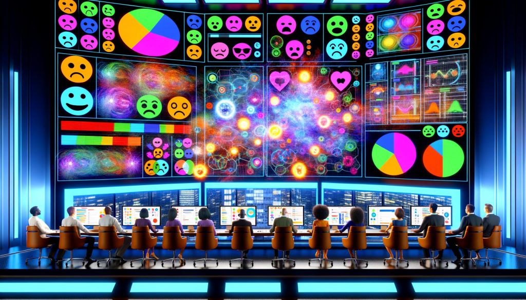 Futuristischer Kontrollraum mit Marketern, die mithilfe von KI und digitalen Dashboards Kundengefühle wie Freude, Wut und Überraschung anhand von Social-Media-Kommentaren analysieren.